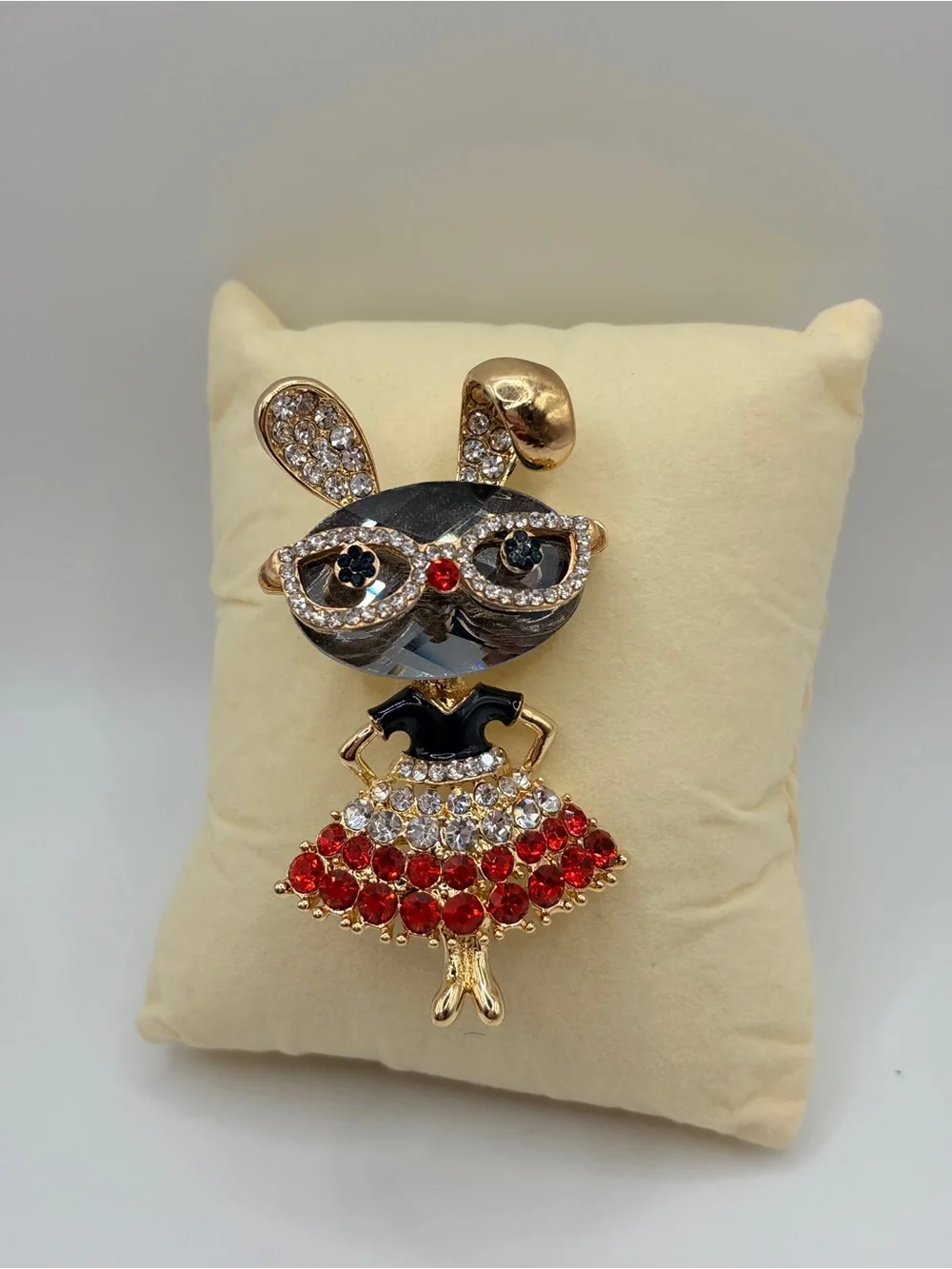 Crystal Bunny Brooch with Red and Clear Stones